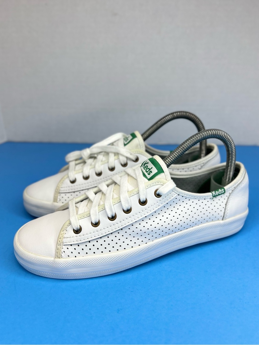 KEDS Kickstart Women's 6.5M Perforated White Leather Sneakers Shoes Kelly Green